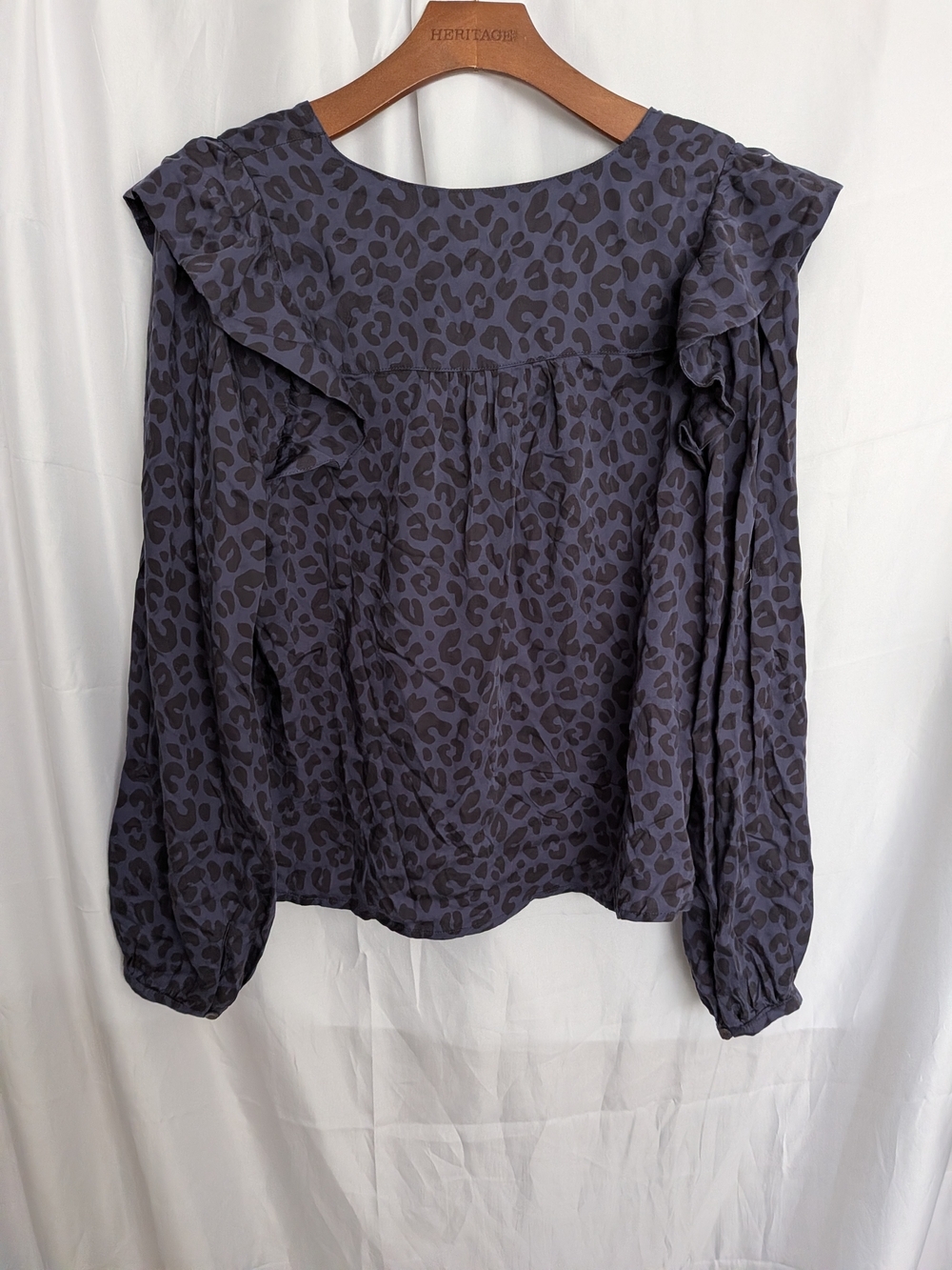 Marine Layer Blue & Black Leopard Print Ruffle Shoulder Blouse Size Large - Picture 6 of 6